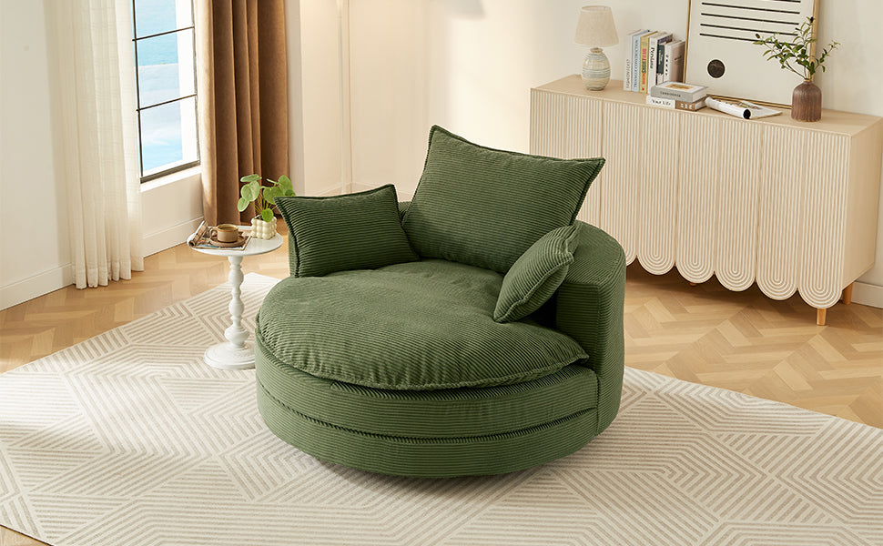 Corduroy Swivel Barrel Chair — 360° with Removable Pillows