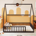 Full Size House Floor Bed with Roof Frame ,Pine Wood Floor Bed with Safety Guardrails,Espresso