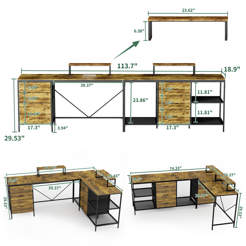 Industrial computer desk corner layout with modular three-piece design