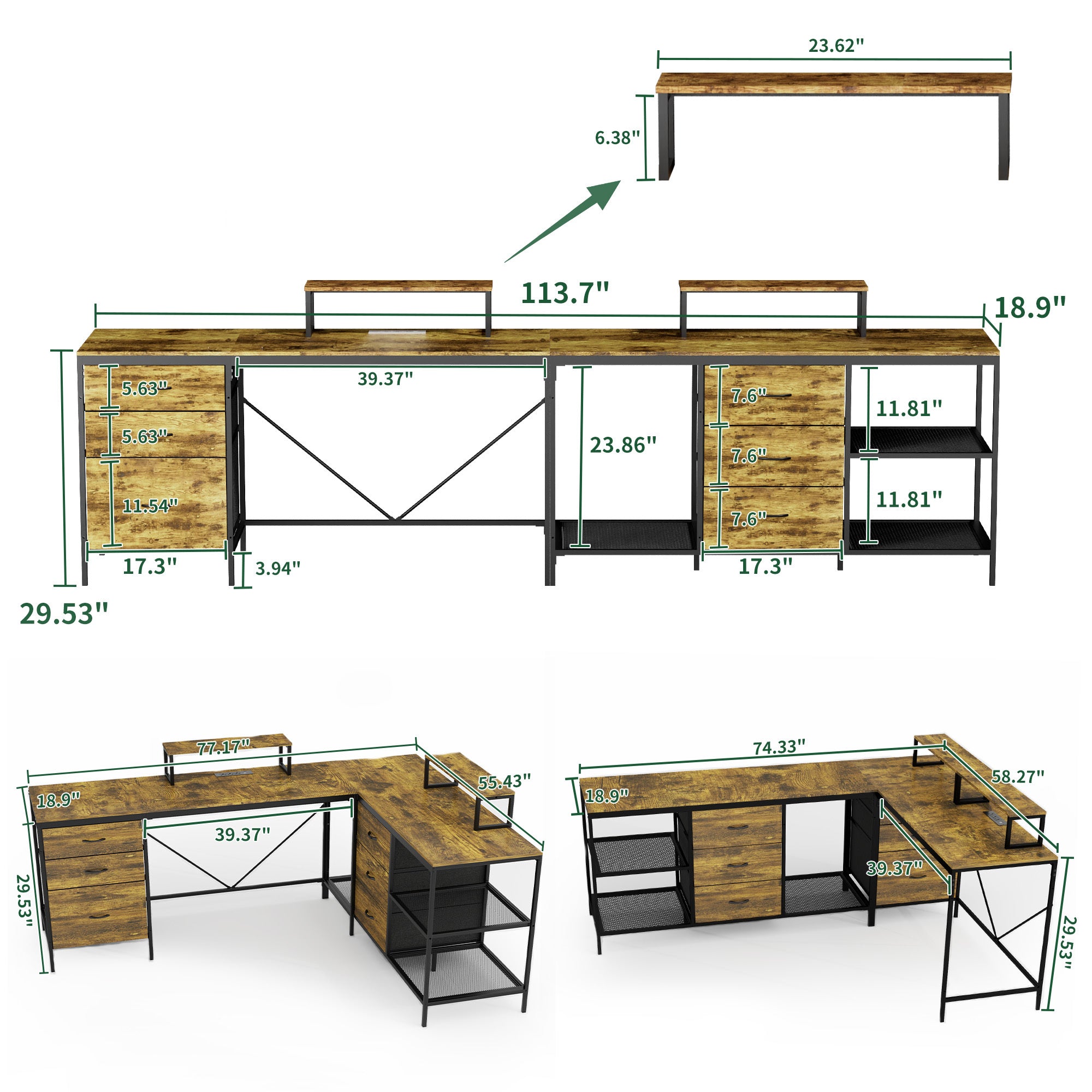 Industrial computer desk corner layout with modular three-piece design