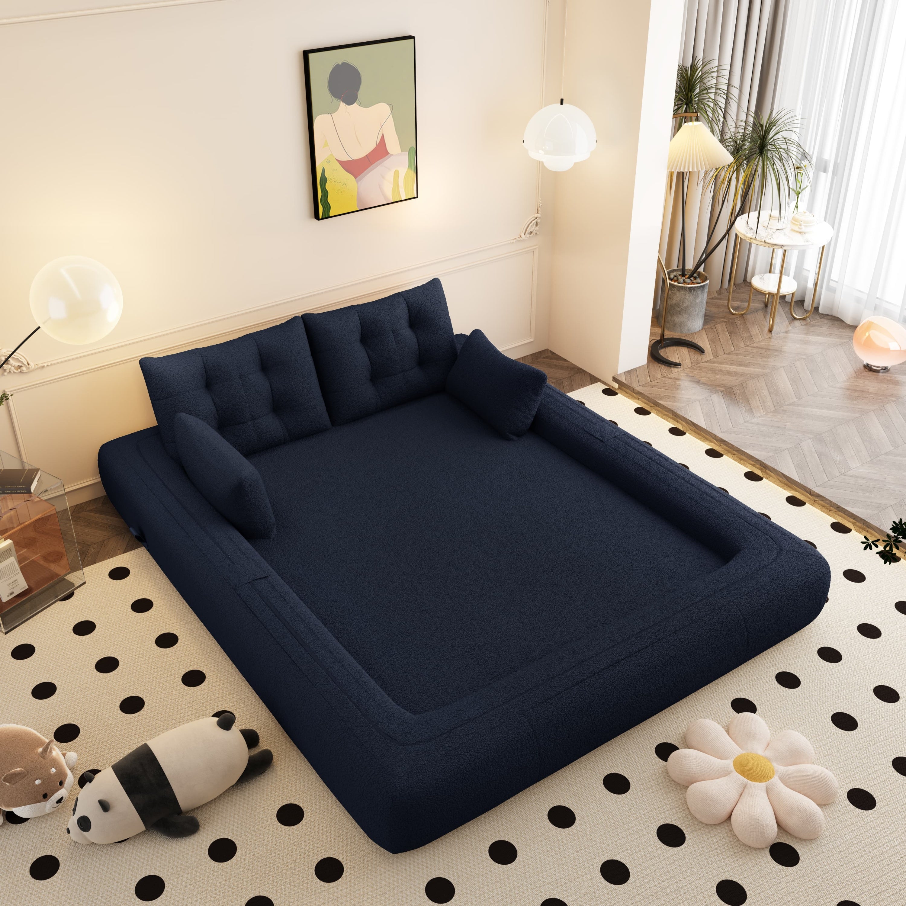 Dark blue sherpa sofa bed — angle view