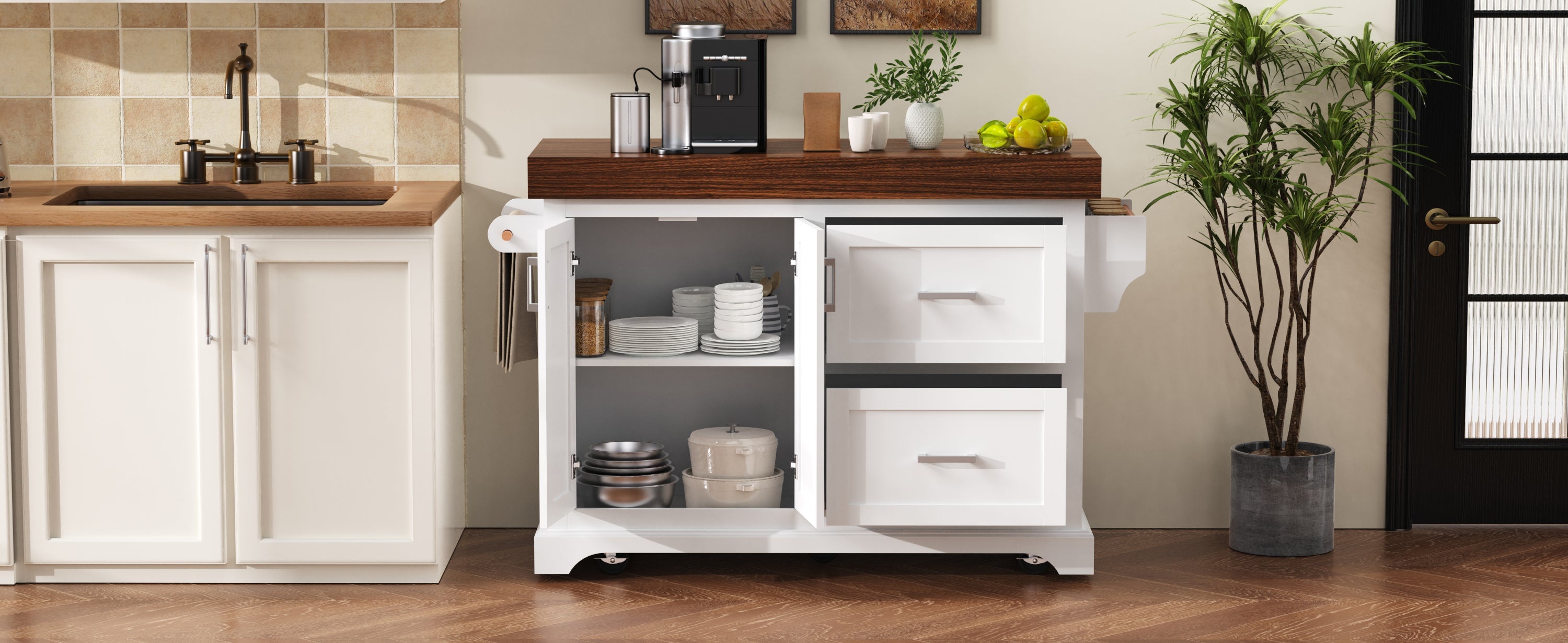 K&K 53' Large Kitchen Island with 3.5' Thick Desktop, Spice and Towel Racks, Rolling Kitchen Island with Storage on 5 Wheels, 2 Extra-large Drawers, for Home, Kitchen, Dining Room, Black