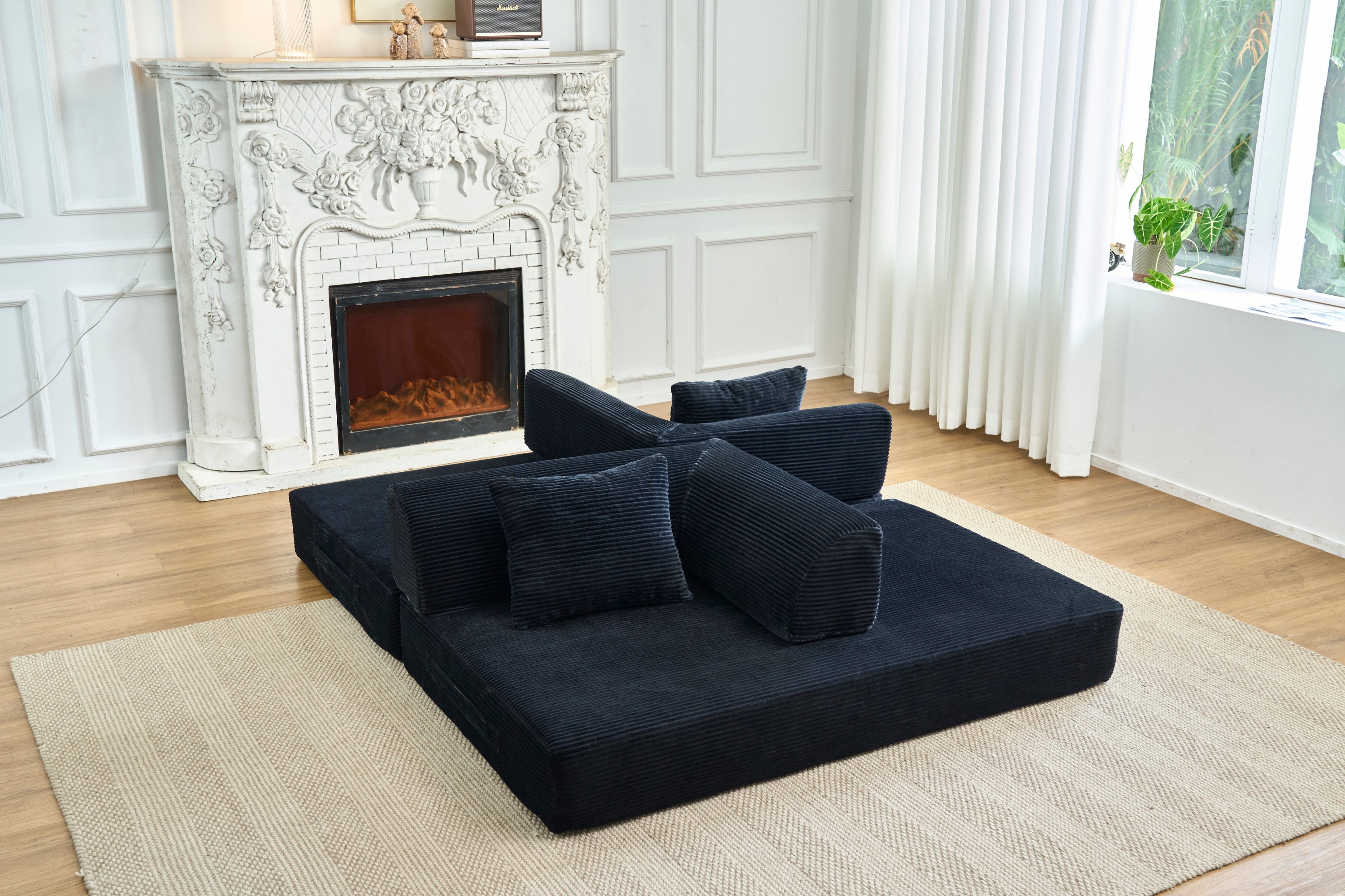 Convertible Sleeper Sofa Bed, Corduroy Folding Mattress Couch with Fixed-Shape Frame, Floor Sofa Lounge Couch Boneless Sofa for Living Room Bedroom, Light Gray