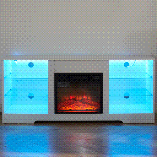 TV Stand with Electric Fireplace — Glass Shelves & USB Outlets for TVs Up to 62"