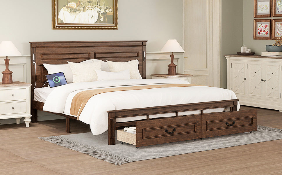 King Size Bed with Tall-Panel Headboard & Footboard, 2 Storage Drawers, Built-in LED Lights, USB Charging Station, Pinewood Bed with Strengthened Bed Frame ,White