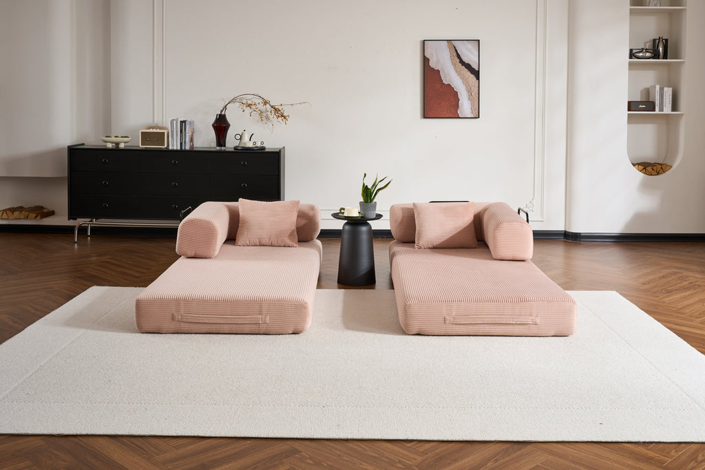 Convertible Sleeper Sofa Bed with Cylindrical Pillow, Corduroy Folding Mattress Couch with Fixed-Shape Frame, Floor Sofa Lounge Couch for Living Room Bedroom Black