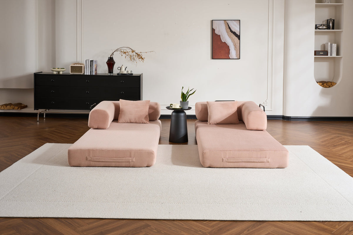 Convertible Sleeper Sofa Bed with Cylindrical Pillow, Corduroy Folding Mattress Couch with Fixed-Shape Frame, Floor Sofa Lounge Couch for Living Room Bedroom Black