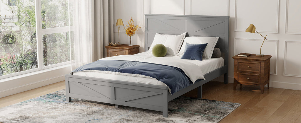 Farmhouse Style Queen Size Bed with Barn Door Designed Headboard and Footboard, Pinewood Bed with Strengthened Bed Frame ,White