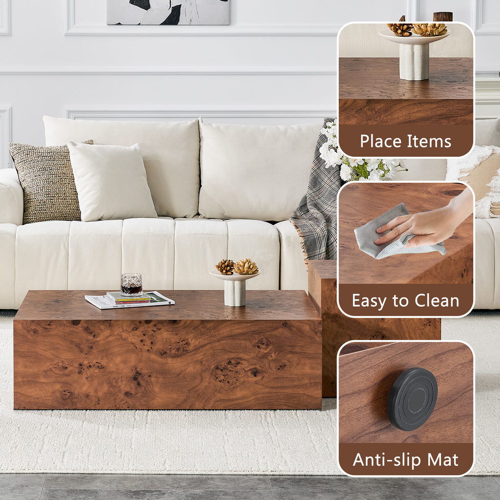 Mid-century modern burl walnut coffee table top surface