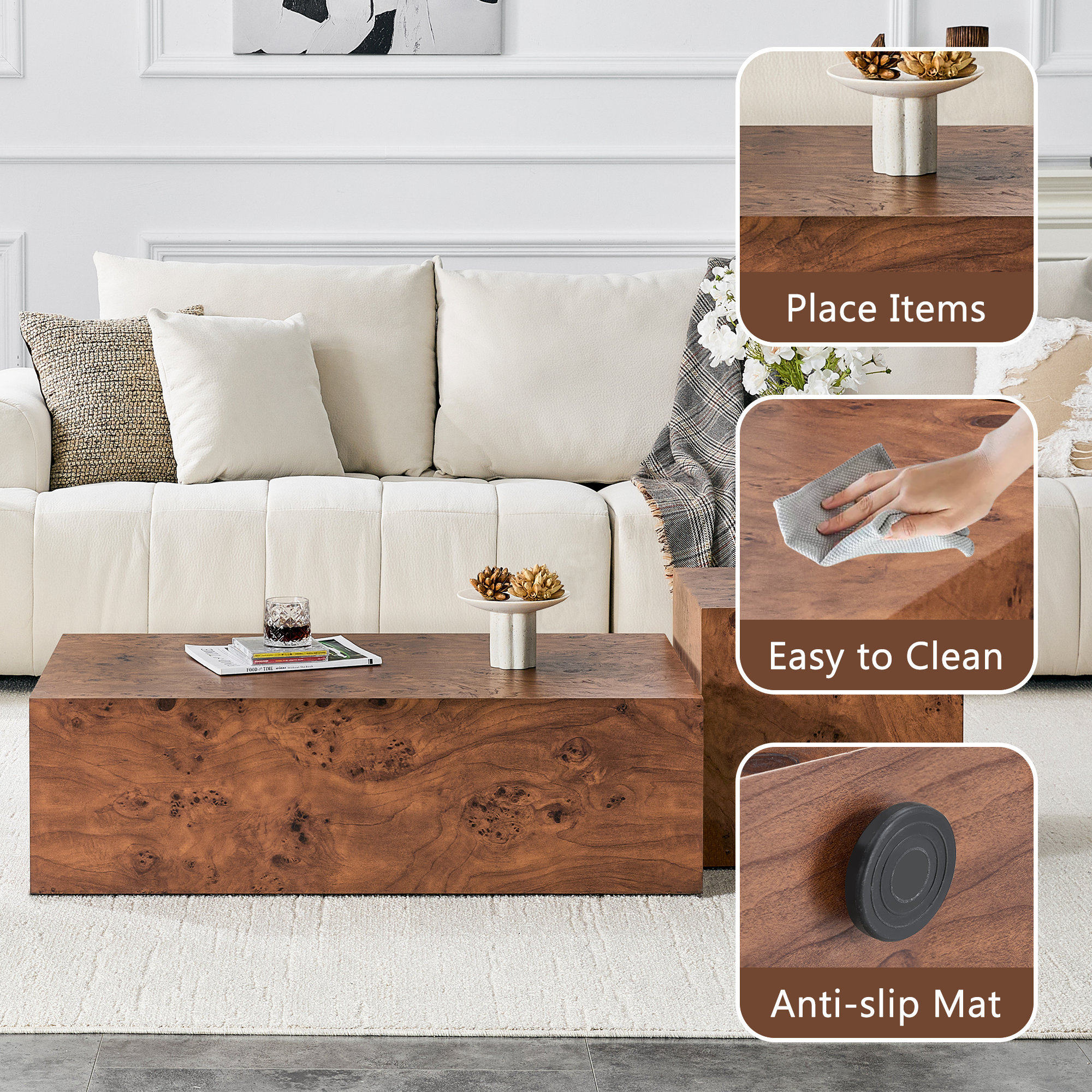 Mid-century modern burl walnut coffee table top surface