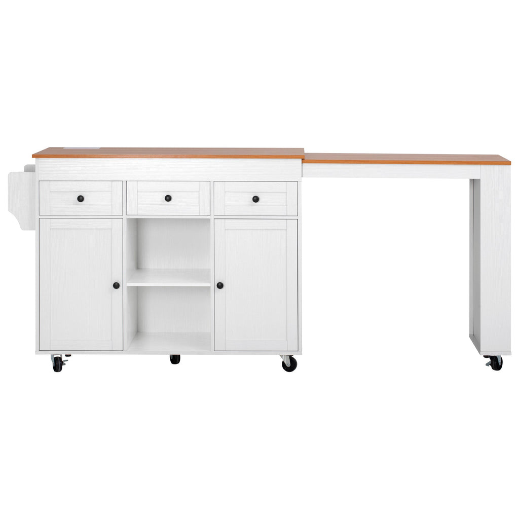 K&K 85.5' Kitchen Island with Extendable Dining Table, Kitchen Storage Table with 3 Side Open Shelves, Rolling Kitchen Island with Power Outlet, 3 Drawers, 2 Doors, for Kitchen, Dining Room, Black