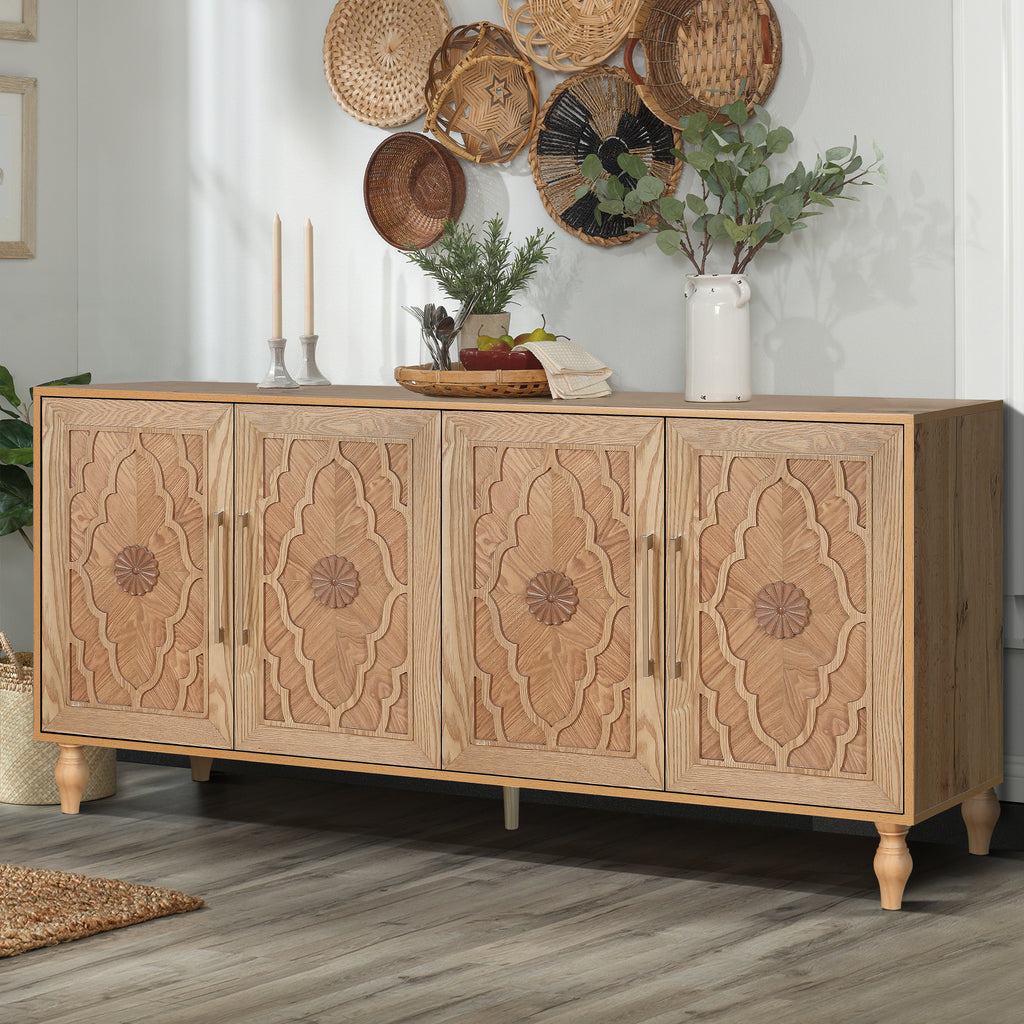 Carved door detail on natural wood MDF storage cabinet