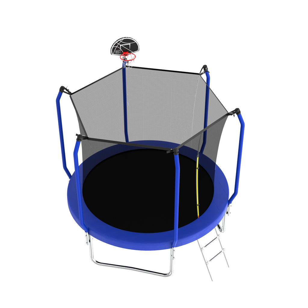 Blue trampoline full safety enclosure zippered door