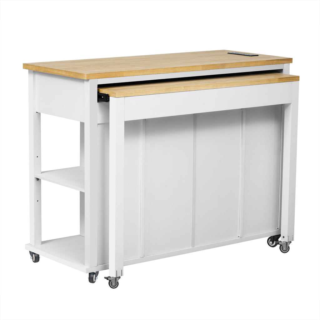 K&K 47 inch Kitchen Island with Extendable Dining Table, Rubber Wood Veneer Kitchen Table with Internal Storage Rack, Power Outlet, Kitchen island with Storage 2 Drawers 2 Cabinet, Black