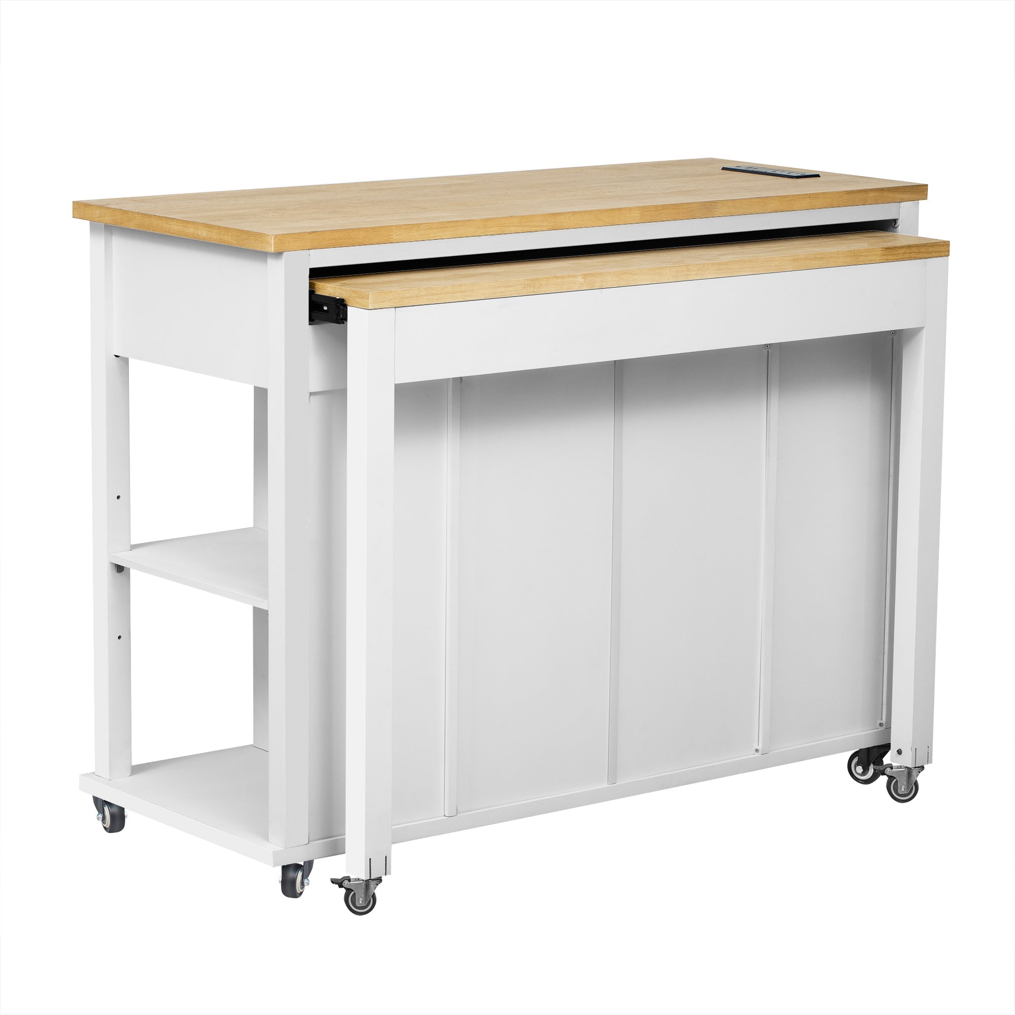 K&K 47 inch Kitchen Island with Extendable Dining Table, Rubber Wood Veneer Kitchen Table with Internal Storage Rack, Power Outlet, Kitchen island with Storage 2 Drawers 2 Cabinet, Black