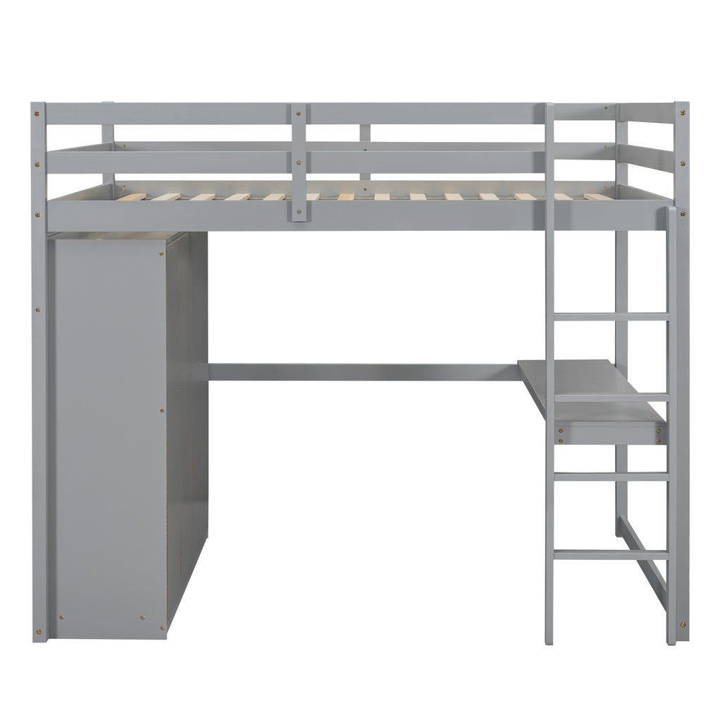 Gray loft bed desk and shelf storage detail