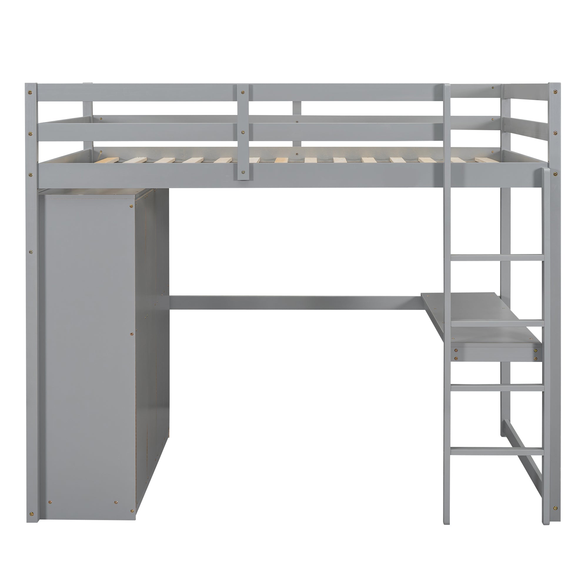 Gray loft bed desk and shelf storage detail