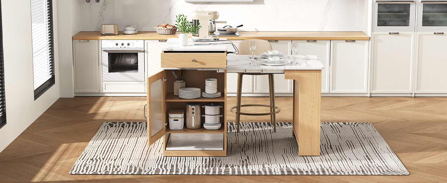 K&K 59.5' Kitchen Island with Extendable Dining Table, Kitchen Storage Table with Double-sided Storage, Kitchen Island with 2 Drawers, Power Outlet, Side Open Shelves, for Kitchen, Dining Room, Black