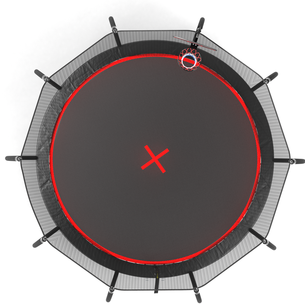 Black red kids outdoor pumpkin trampoline with basketball hoop full view