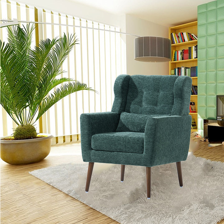 Blackish green armchair with wood legs — side profile