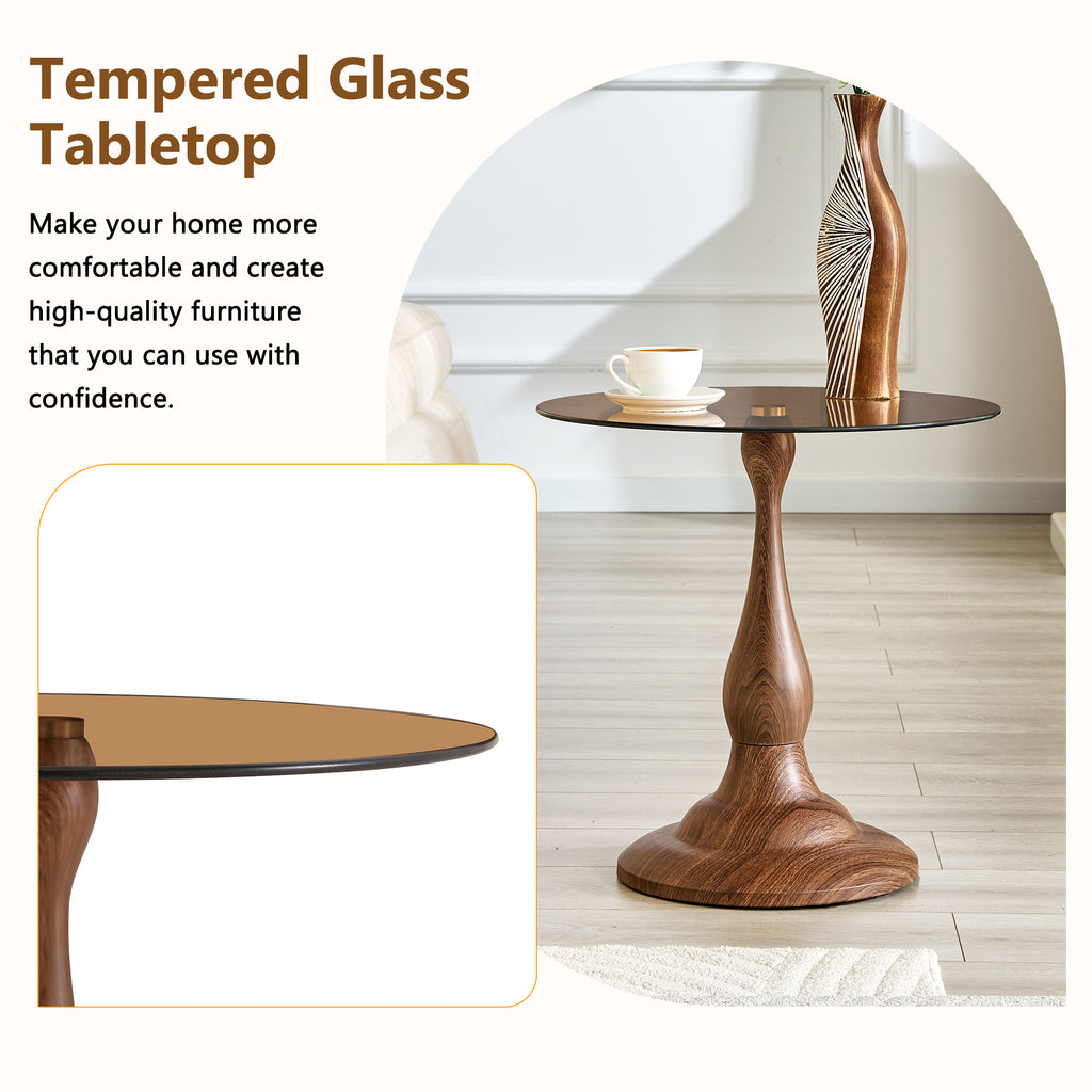 Brown tempered glass round tabletop close-up on metal side table