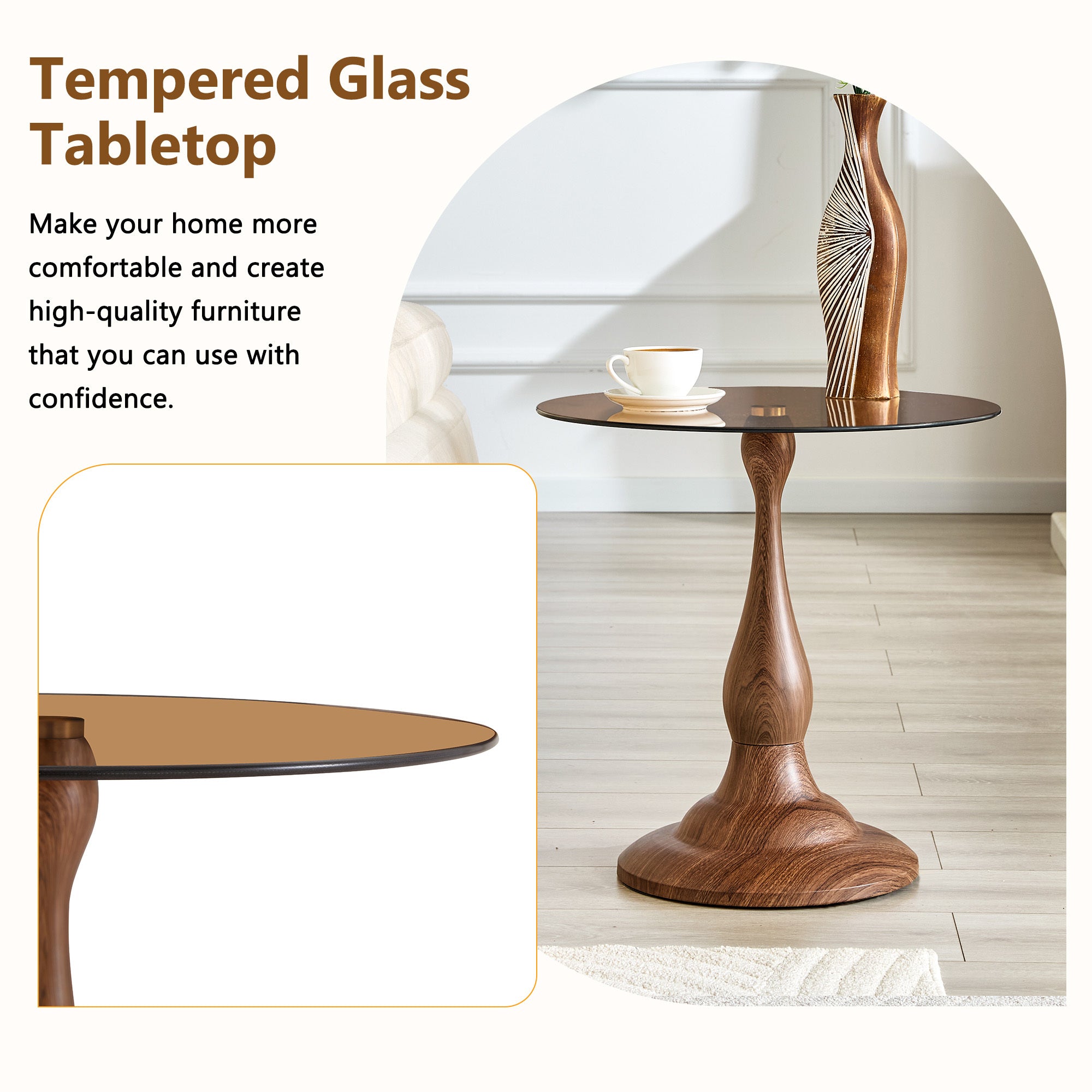Brown tempered glass round tabletop close-up on metal side table