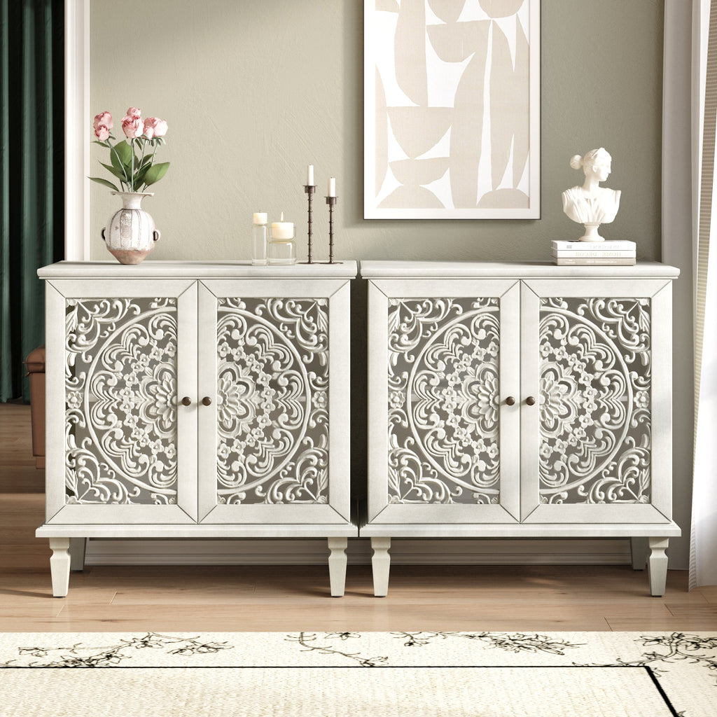 Vintage Hollow-Carved Accent Cabinet, 2-Door Display Storage Sideboard with Symmetrical Floral Design, Adjustable Shelf and Solid Wood Legs for Living Room Entryway(Antique Green)