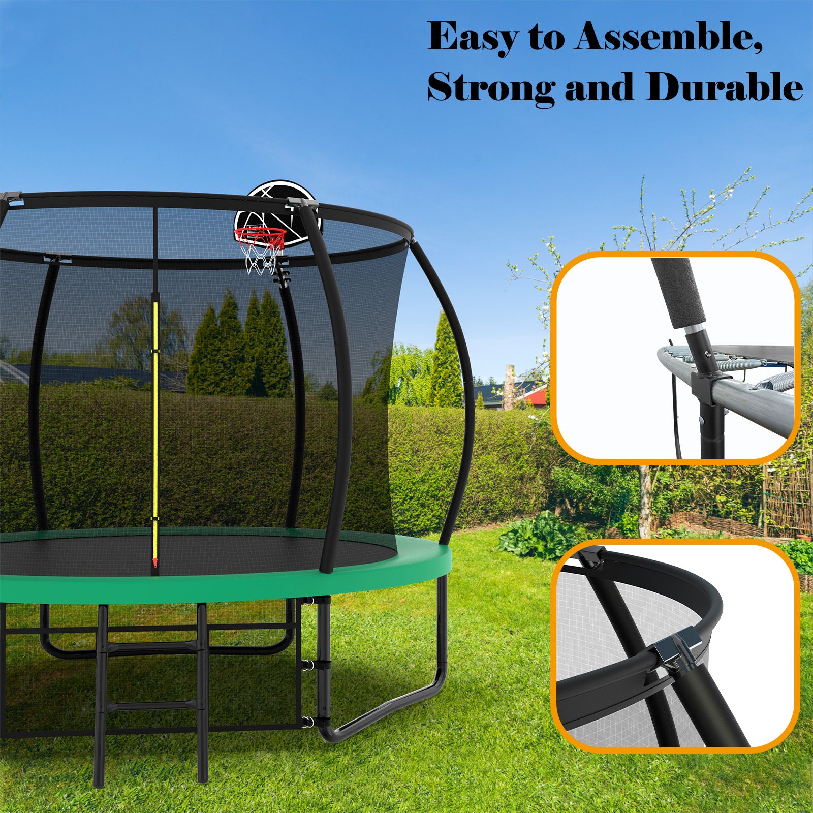 Outdoor backyard trampoline 360 degree safety net close-up