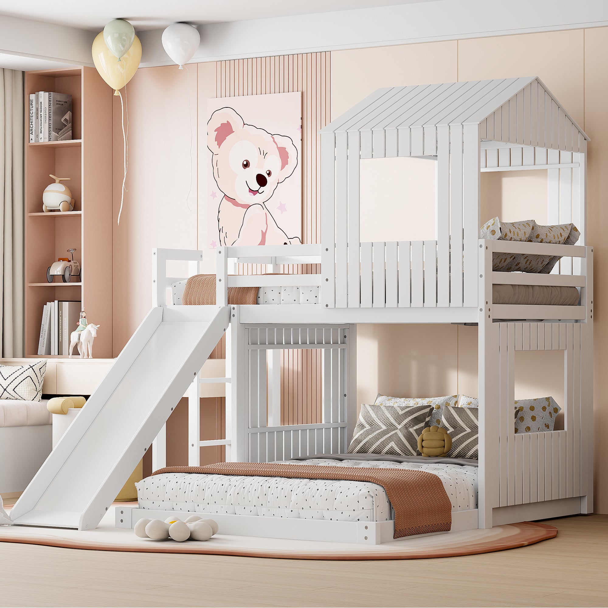 White twin over full bunk bed with playhouse — front view