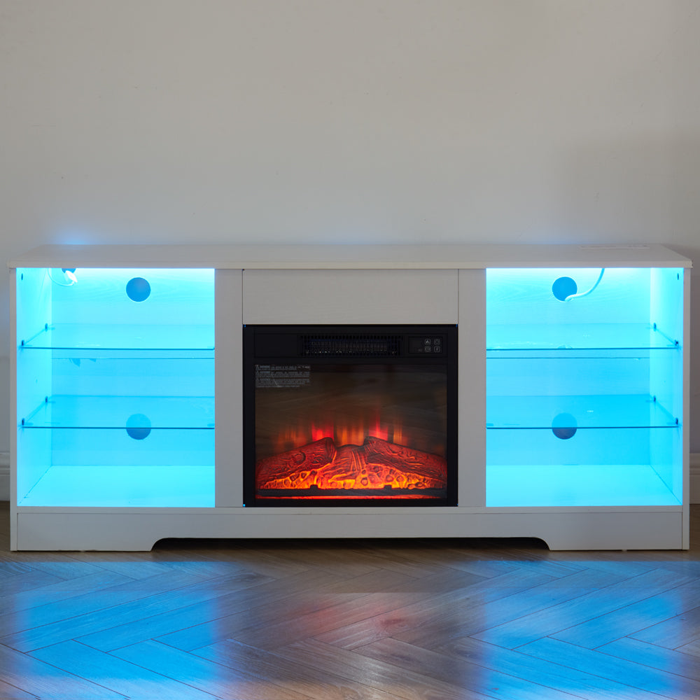 TV Stand with Electric Fireplace — Glass Shelves & USB Outlets for TVs Up to 62"