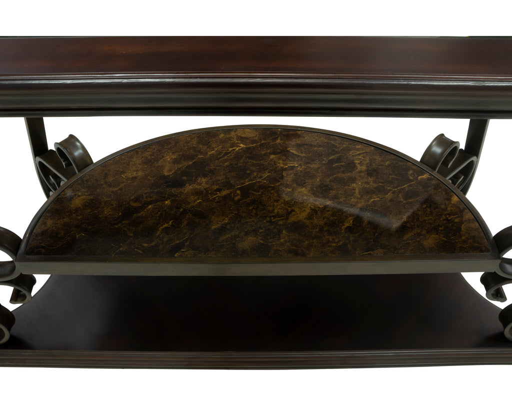 Brown glass-top sofa table fixed middle shelf storage