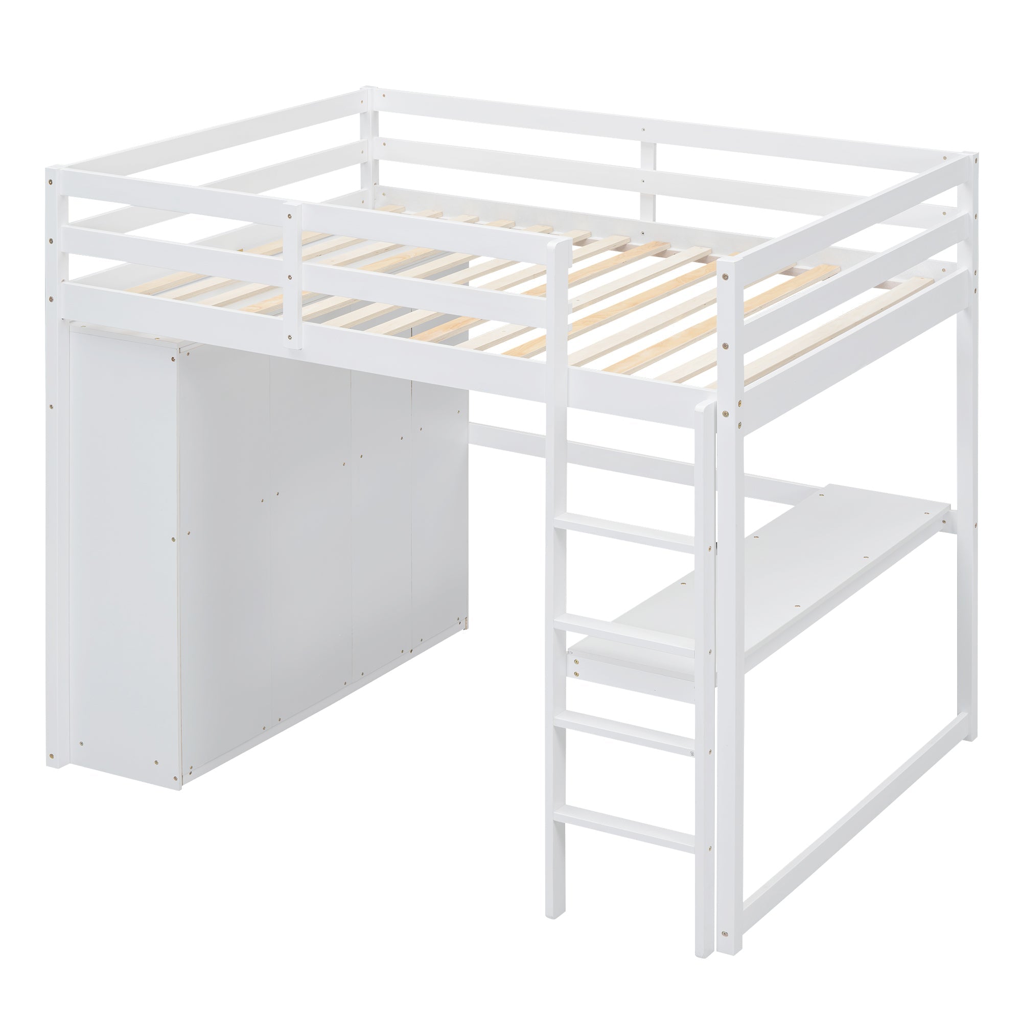 Full Size Loft Bed with Wardrobe, Desk & Storage Drawers — Pine Wood