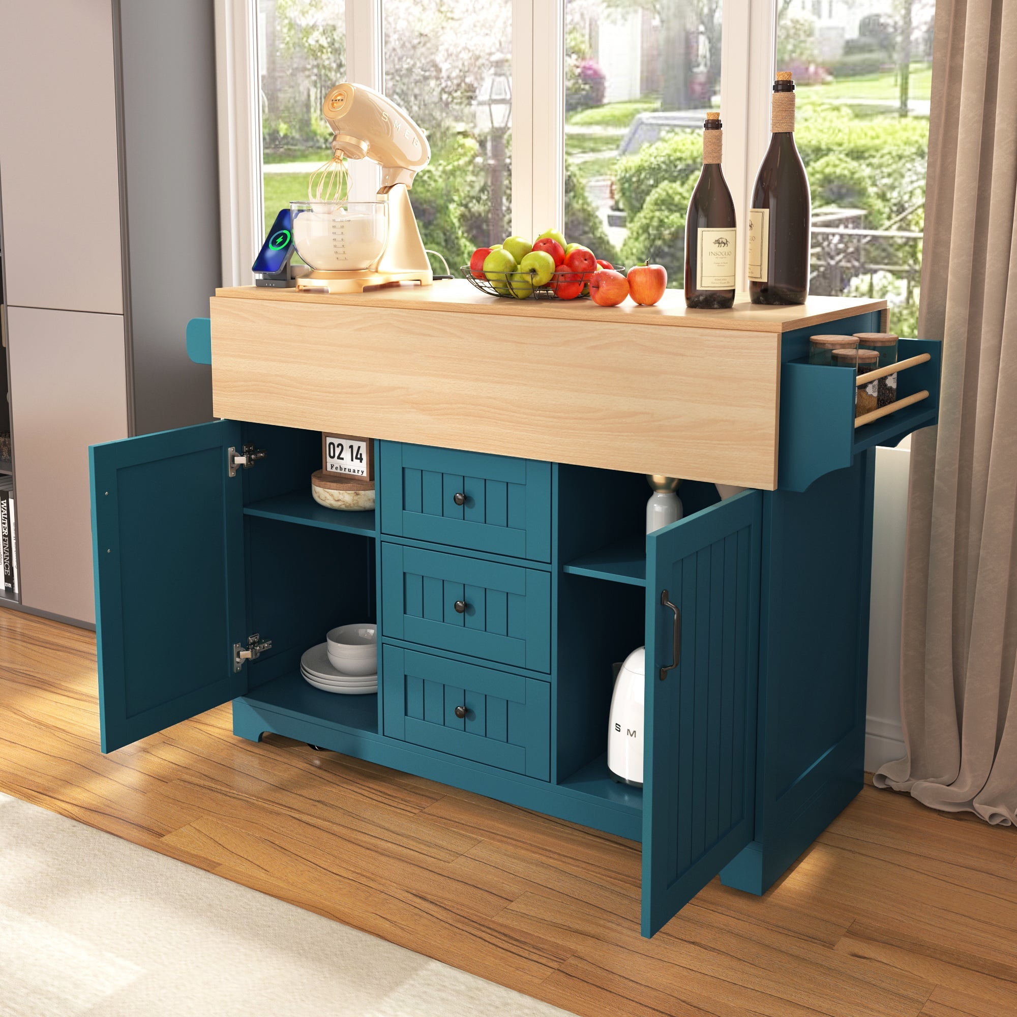 K&K 55.7'' Large Kitchen Island with 2 Drop Leaf,, Rolling Kitchen Cart on 5 Wheels with Power Outlet, Folding Storage Dining Table with Spice & Towel Rack , 3 Drawers, for Kitchen, Dining Room,Black