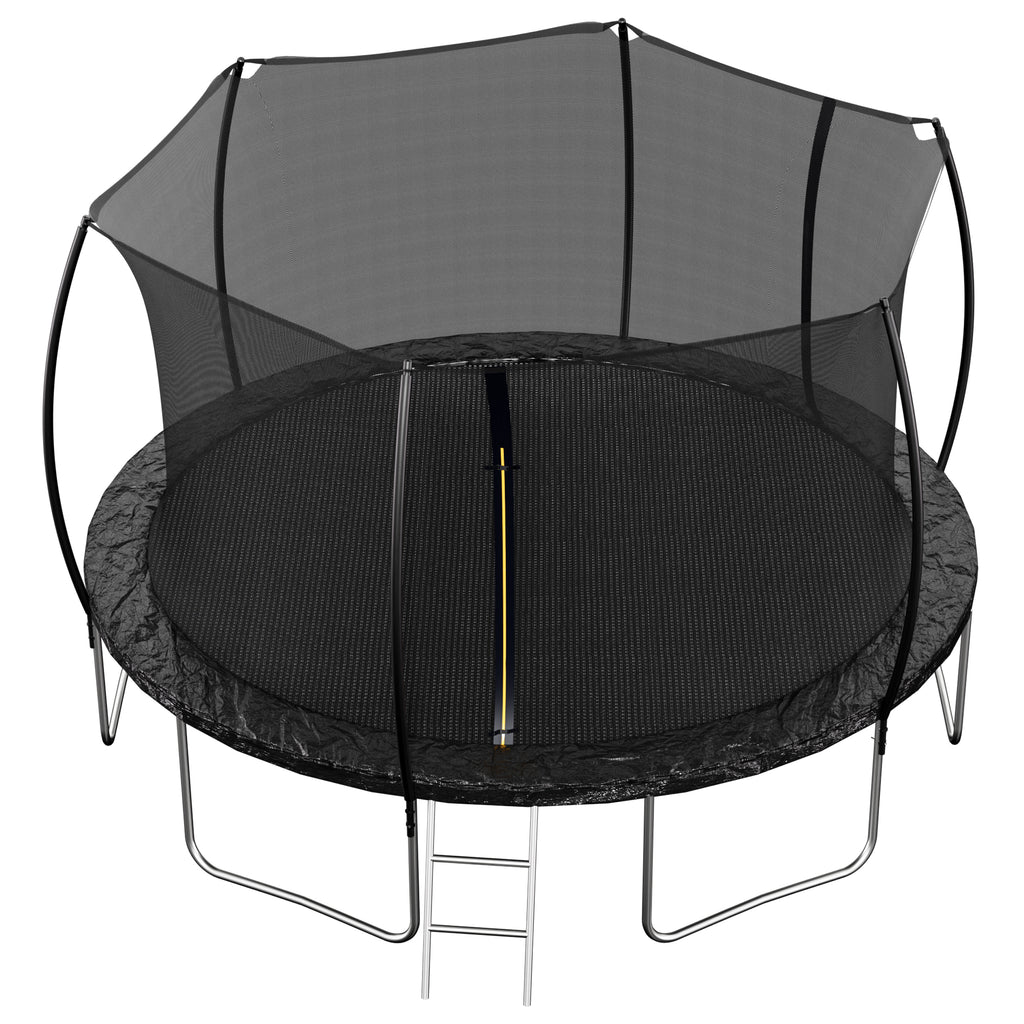 Outdoor trampoline curved enclosure poles double-sided pad — angle view