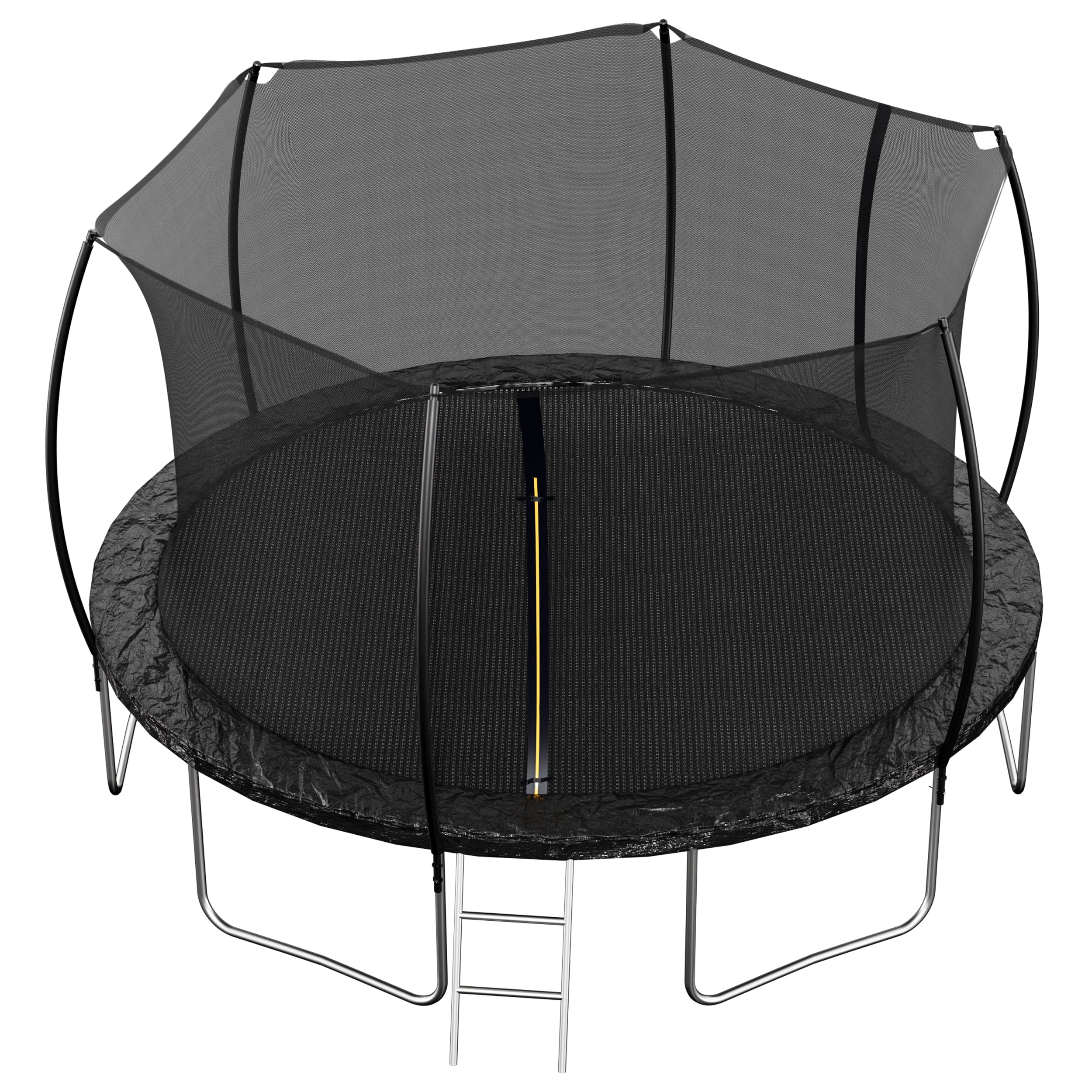 Outdoor trampoline curved enclosure poles double-sided pad — angle view