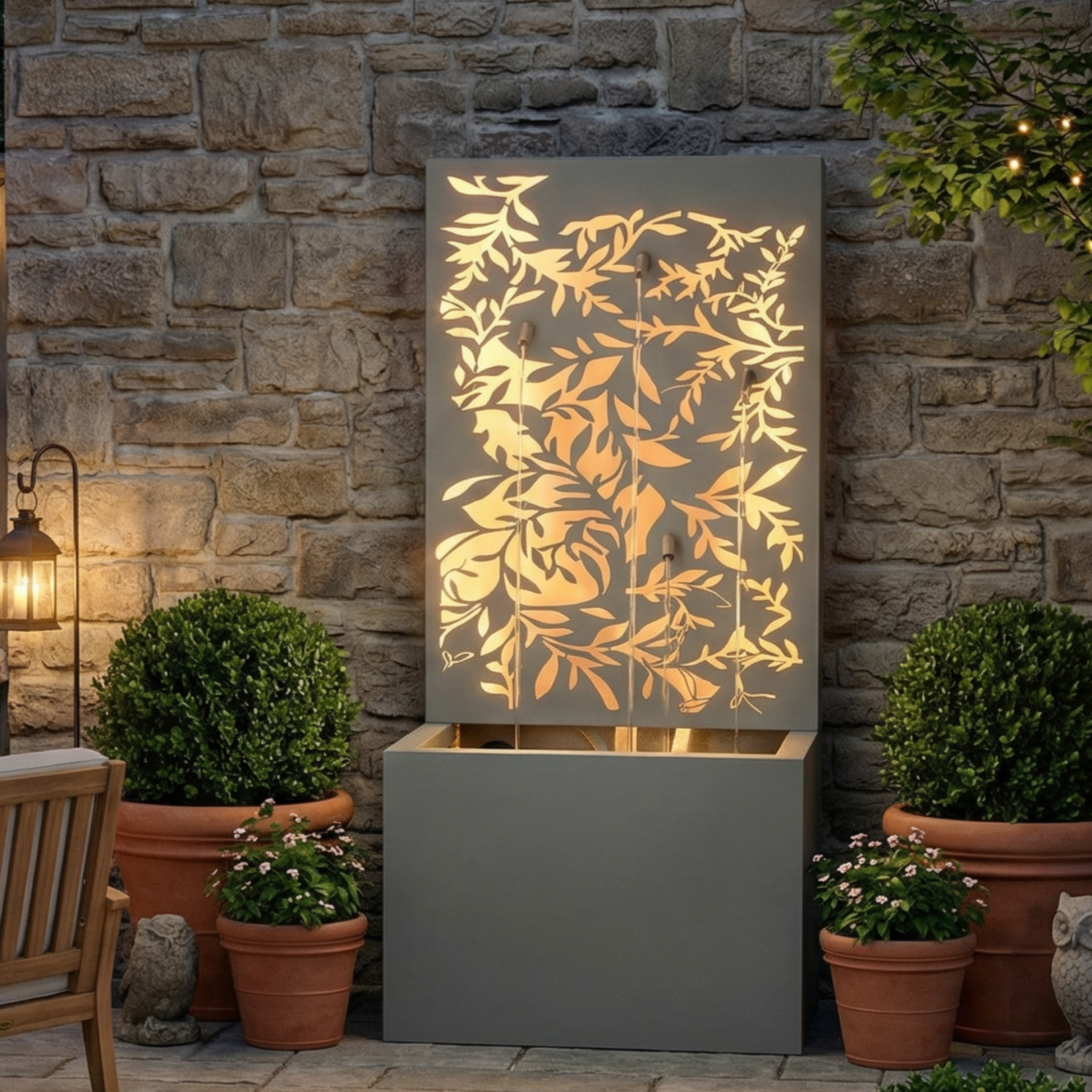 30.71'H Light Gray Metal Leaf Cutout Outdoor Water Wall Fountain with LED Lights, Modern Waterfall Feature for Patio Garden Backyard Decor