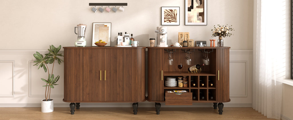 39' Fluted Liquor & Coffee Bar Cabinet with 6 Wine Racks and 3 Glass Holders, Mid-Century Modern Bar Cabinet with A Large Storage Drawer ,4 Hidden Storage Space on the Side , Black