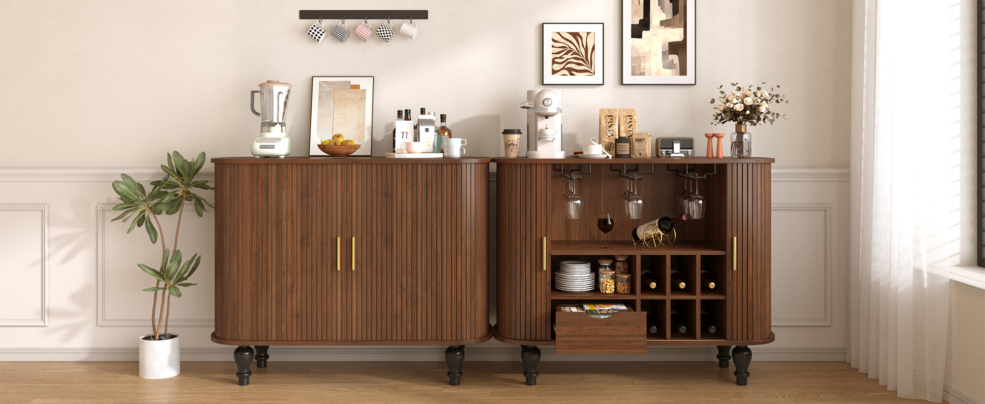 39' Fluted Liquor & Coffee Bar Cabinet with 6 Wine Racks and 3 Glass Holders, Mid-Century Modern Bar Cabinet with A Large Storage Drawer ,4 Hidden Storage Space on the Side , Black