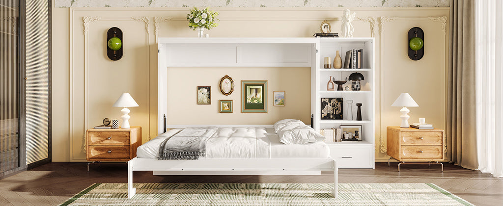 Queen Size Murphy Bed with Height Adjustable Storage Compartments and Shelf, Wall Bed Frame With 1 Drawer, Multifunctional Foldable Platform Bed for Bedroom,Guest Room, Walnut(OLD SKU:N733S309223D)