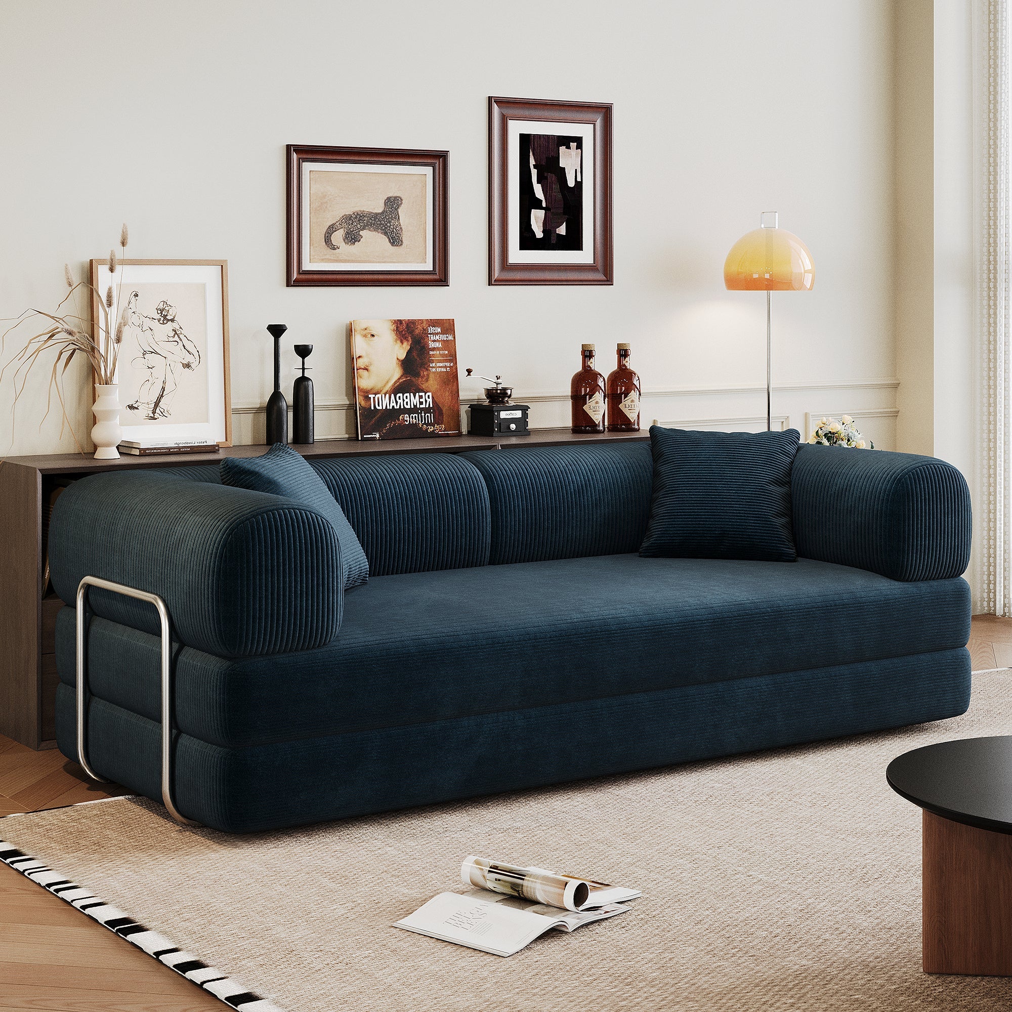 Corduroy Compression Convertible Floor Sofa Bed — Modular Loveseat, 78.8" Wide