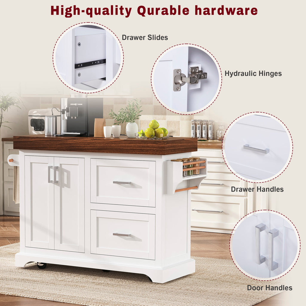 K&K 53' Large Kitchen Island with 3.5' Thick Desktop, Spice and Towel Racks, Rolling Kitchen Island with Storage on 5 Wheels, 2 Extra-large Drawers, for Home, Kitchen, Dining Room, Black