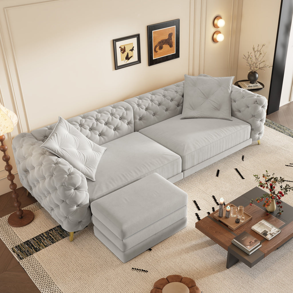 97.7' 3-in-1 Convertible Sleeper Sofa, 28.4' Deep Seat Pull Out Sofa Bed,Button Tufted Modern Sofa, 4-Seater Couch with Movable Ottoman for Apartment, Office, Bedroom,Beige/White