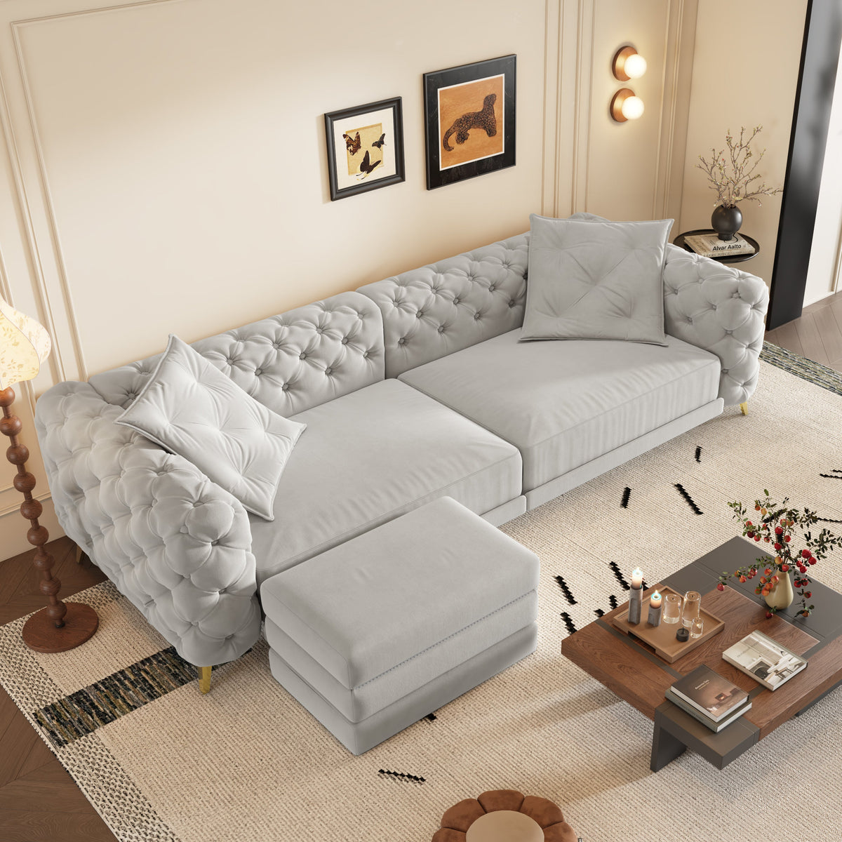 97.7' 3-in-1 Convertible Sleeper Sofa, 28.4' Deep Seat Pull Out Sofa Bed,Button Tufted Modern Sofa, 4-Seater Couch with Movable Ottoman for Apartment, Office, Bedroom,Beige/White