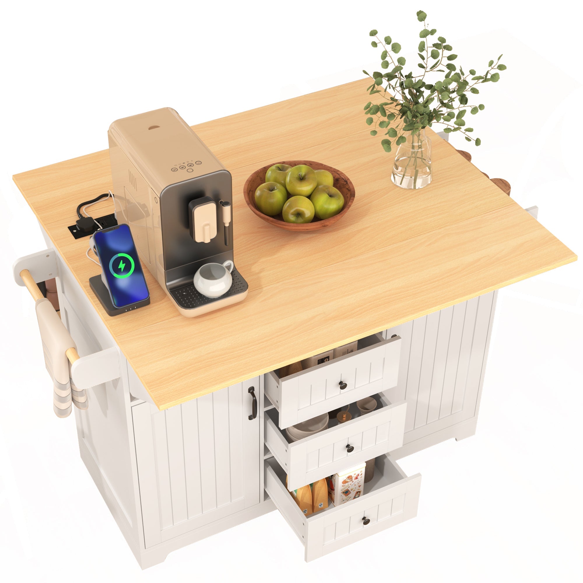 K&K 55.7'' Large Kitchen Island with 2 Drop Leaf,, Rolling Kitchen Cart on 5 Wheels with Power Outlet, Folding Storage Dining Table with Spice & Towel Rack , 3 Drawers, for Kitchen, Dining Room,Black
