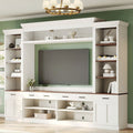 White and walnut 3-piece farmhouse entertainment center — front view