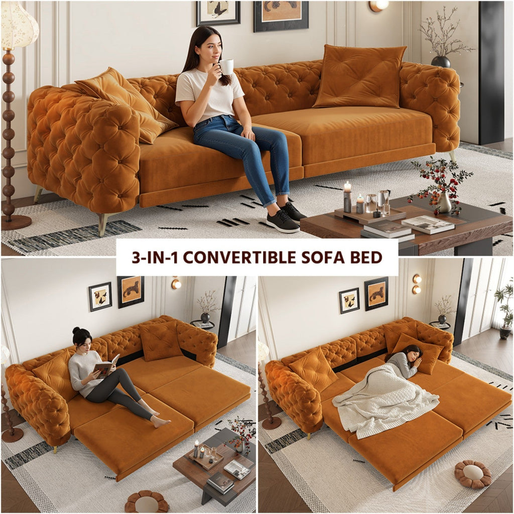 97.7' 3-in-1 Convertible Sleeper Sofa, 28.4' Deep Seat Pull Out Sofa Bed,Button Tufted Modern Sofa, 4-Seater Couch with Movable Ottoman for Apartment, Office, Bedroom,Beige/White