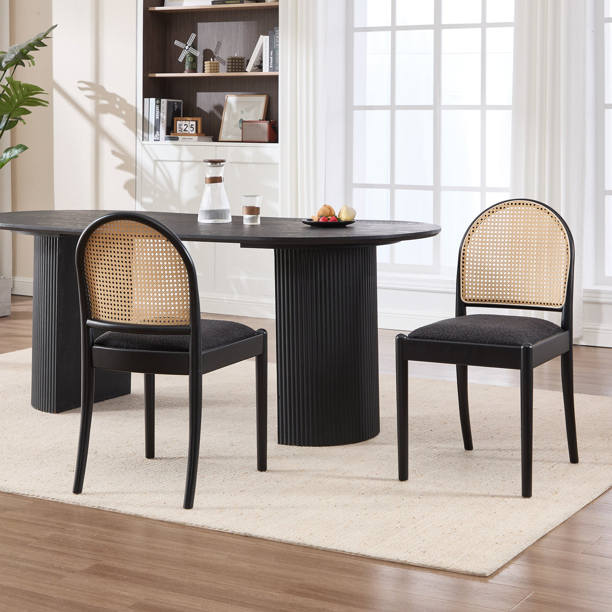 Rattan Dining Chairs Set of 2, Upholstered Linen Dining Room Chairs with Backrests, Modern Kitchen Chairs with Wood Legs for Dining Room, Beige