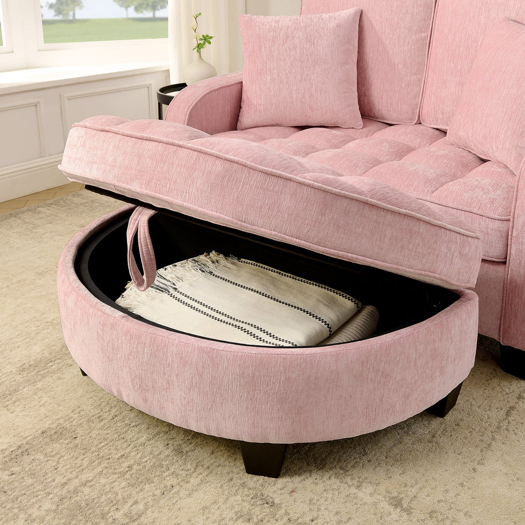 Corduroy 2-Seater Sofa Chaise — Storage Footrest & 2 Pillows, 42.7" Wide