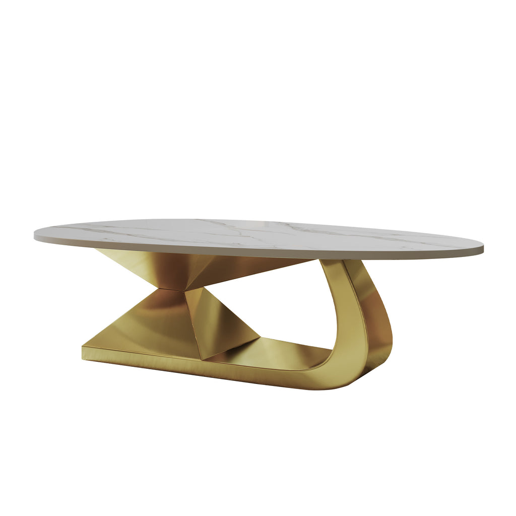 51 inch faux marble oval coffee table glossy surface detail