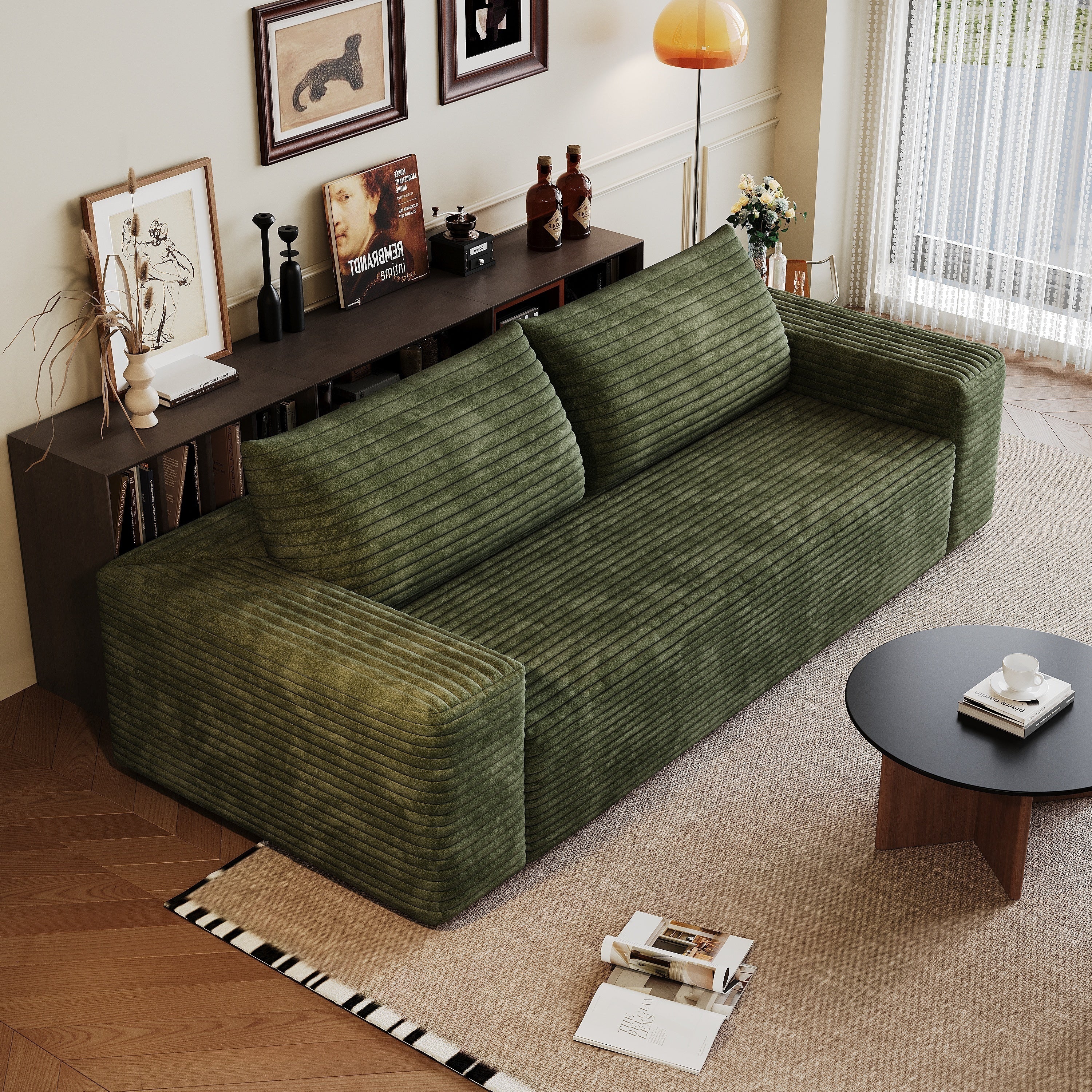 Green corduroy 3-seater sofa three-quarter view